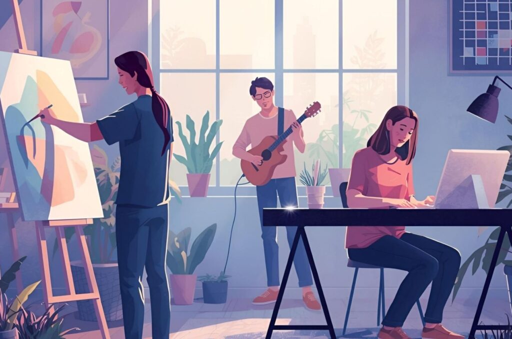 Graphic of people in creative pursuits - art, music etc